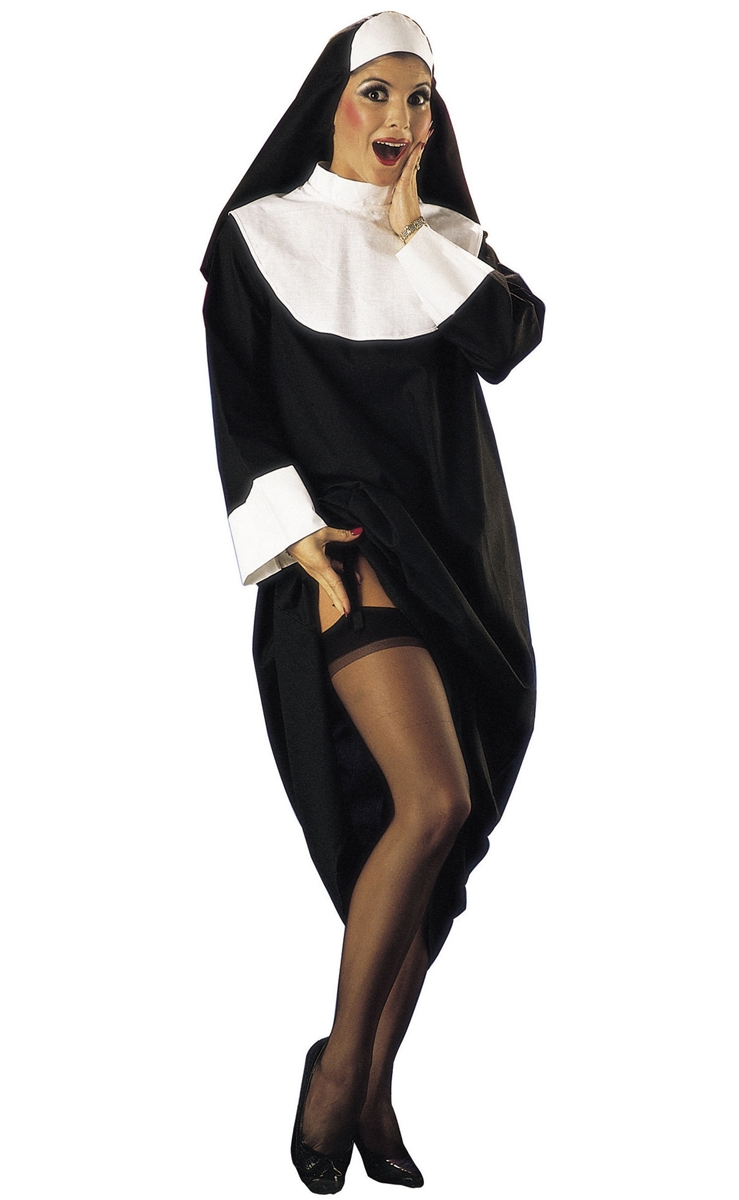 Brunette Nun wearing Black Sheer Stockings and Black Long Dress